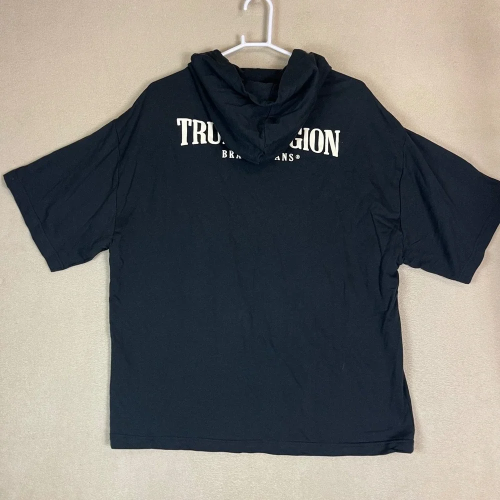 True Religion Mens‎ Black Logo Hoodie Short Sleeve Graphic T Shirt